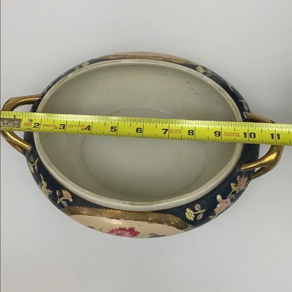 Antique Hand-Painted Porcelain Tureen Chinoiserie Satsuma style Blue Gold Gilt